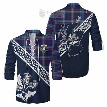 Nevoy Tartan Ghillie Kilt Shirt Featuring Thistle and Scotland Map Men - Tartan Vibes Clothing