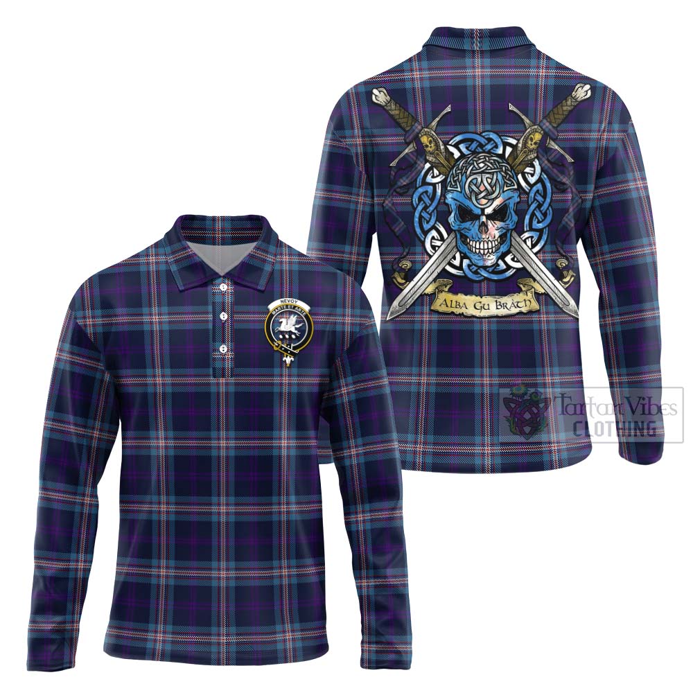 Nevoy Tartan Long Sleeve Polo Shirt with Family Crest Celtic Skull Style Unisex - Tartan Vibes Clothing