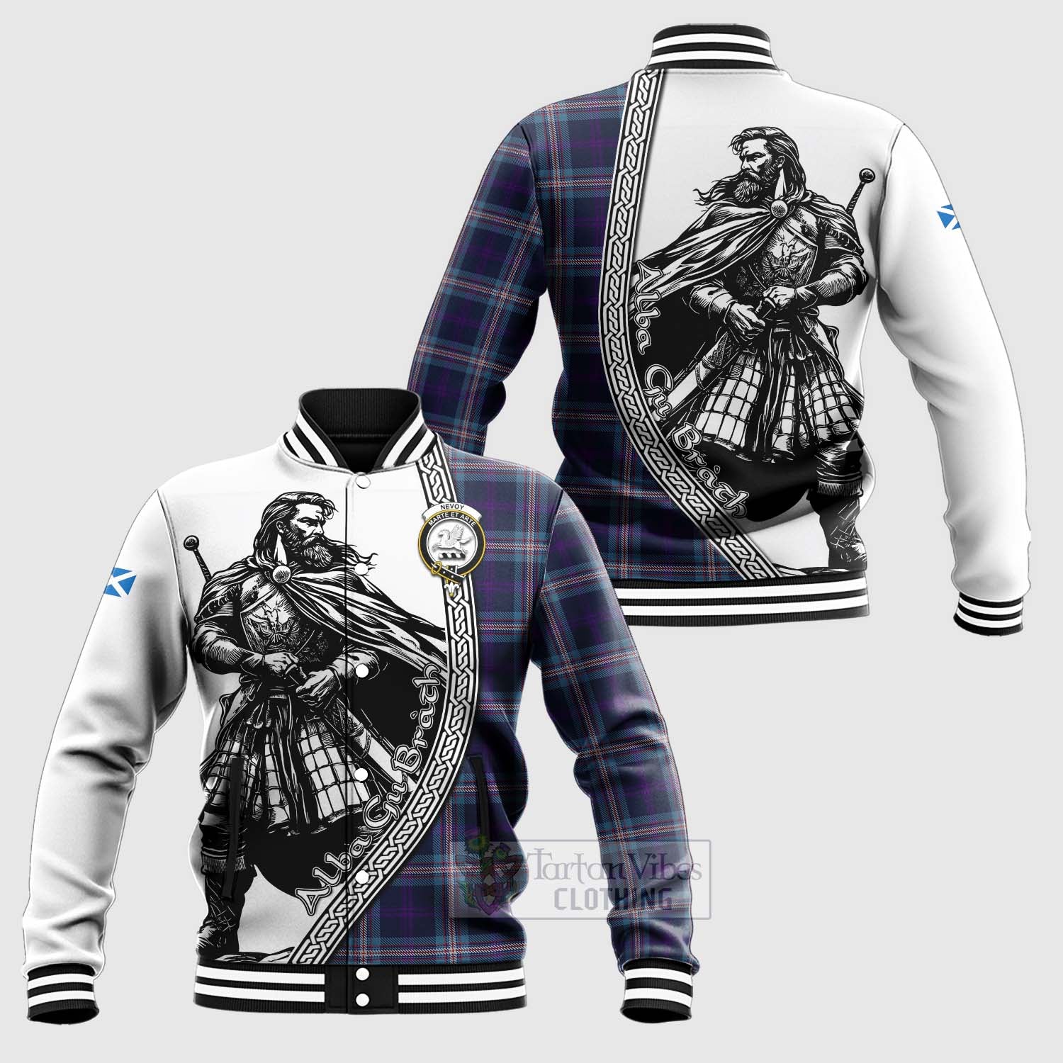 Nevoy Tartan Clan Crest Baseball Jacket with Highlander Warrior Celtic Style Unisex - Tartan Vibes Clothing