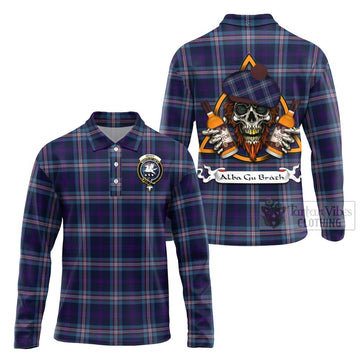 Nevoy Tartan Long Sleeve Polo Shirt with Family Crest and Bearded Skull Holding Bottles of Whiskey Unisex - Tartan Vibes Clothing