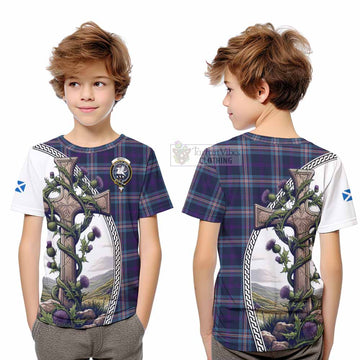 Nevoy Tartan Kid T-Shirt with Family Crest and St. Andrew's Cross Accented by Thistle Vines Youth XL Size14 - Tartan Vibes Clothing