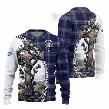 Nevoy Tartan Knitted Sweater with Family Crest and St. Andrew's Cross Accented by Thistle Vines Unisex - Tartan Vibes Clothing