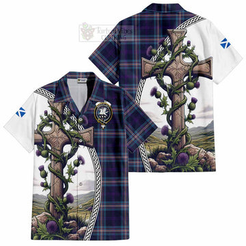 Nevoy Tartan Hawaiian Shirt with Family Crest and St. Andrew's Cross Accented by Thistle Vines Kid - Tartan Vibes Clothing