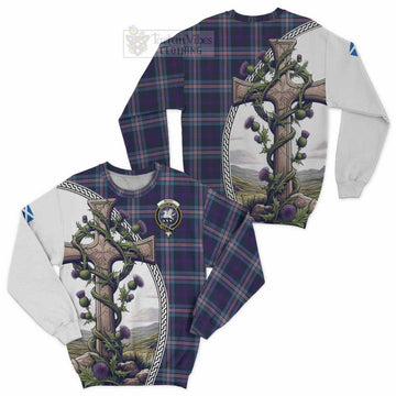 Nevoy Tartan Sweatshirt with Family Crest and St. Andrew's Cross Accented by Thistle Vines Unisex - Tartan Vibes Clothing