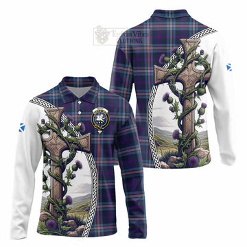Nevoy Tartan Long Sleeve Polo Shirt with Family Crest and St. Andrew's Cross Accented by Thistle Vines Unisex - Tartan Vibes Clothing