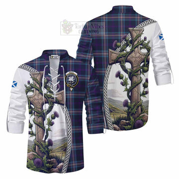 Nevoy Tartan Ghillie Kilt Shirt with Family Crest and St. Andrew's Cross Accented by Thistle Vines Men - Tartan Vibes Clothing