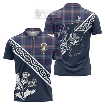 Nevoy Tartan Zipper Polo Shirt Featuring Thistle and Scotland Map Unisex - Tartanvibesclothing Store