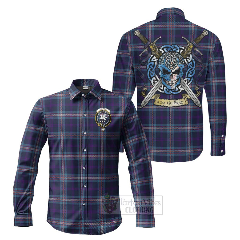 Nevoy Tartan Long Sleeve Button Shirt with Family Crest Celtic Skull Style Men's Shirt S - Tartan Vibes Clothing