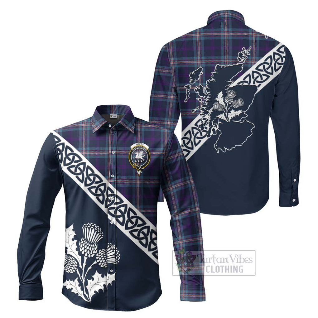 Nevoy Tartan Long Sleeve Button Shirt Featuring Thistle and Scotland Map Men's Shirt S - Tartan Vibes Clothing