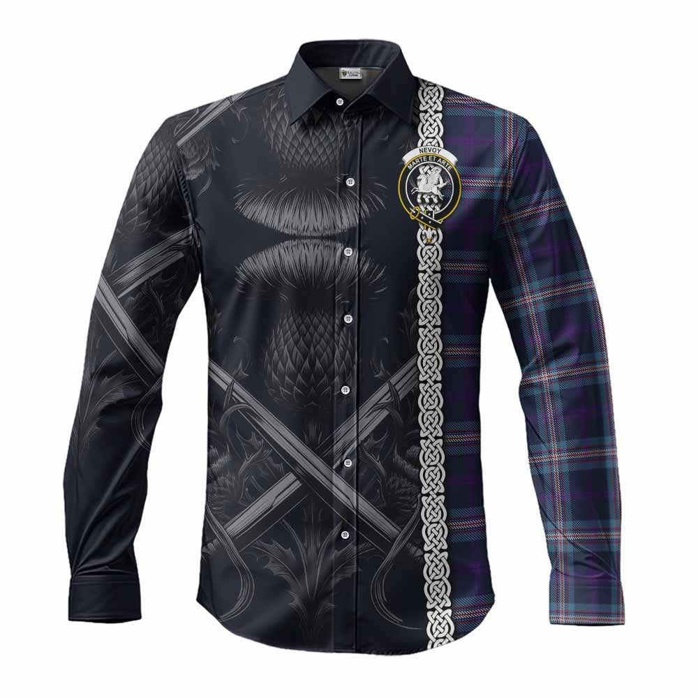 Tartan Vibes Clothing Nevoy Tartan Long Sleeve Button Shirt with Family Crest Cross Sword Thistle Celtic Vibes