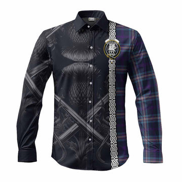 Tartan Vibes Clothing Nevoy Tartan Long Sleeve Button Shirt with Family Crest Cross Sword Thistle Celtic Vibes