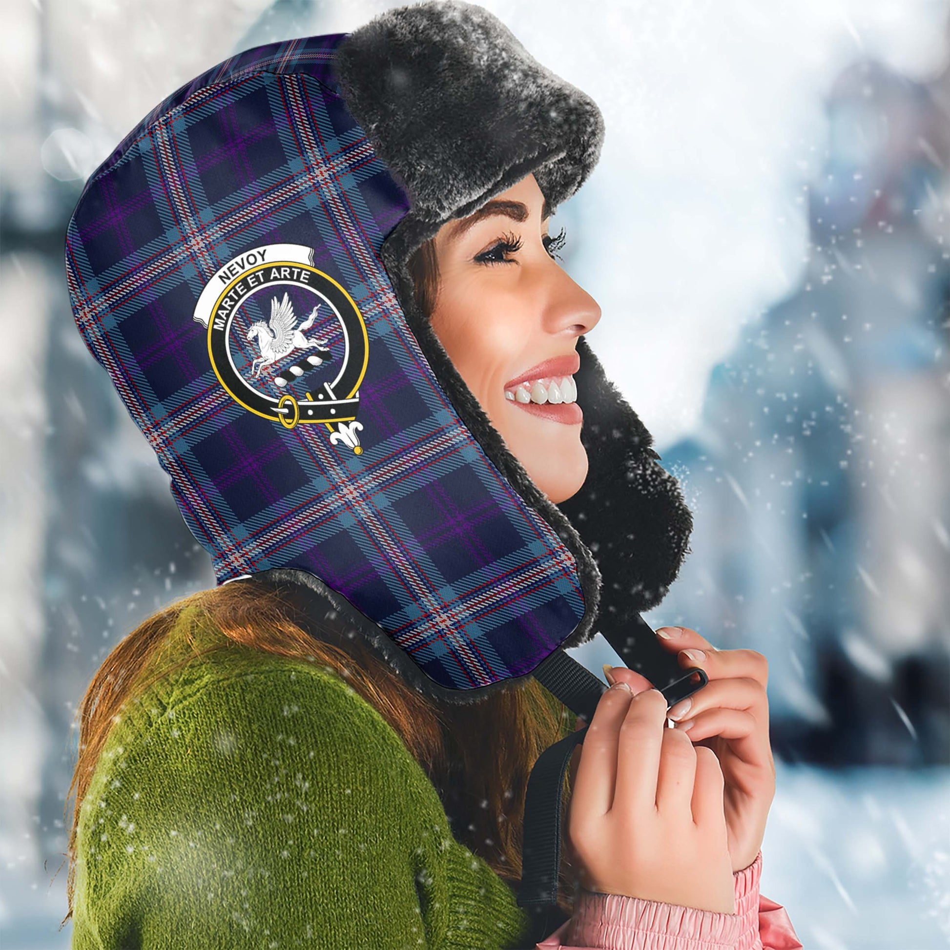 Nevoy Tartan Winter Trapper Hat with Family Crest Winter Trapper Hat Universal Fit Circumference 22.8in (58cm) - Tartan Vibes Clothing