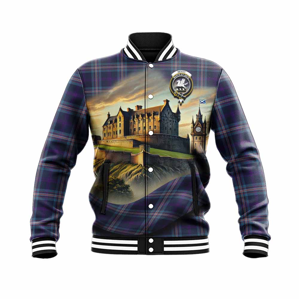 Nevoy Tartan Family Crest Baseball Jacket with Scottish Ancient Castle Style Unisex - Tartan Vibes Clothing