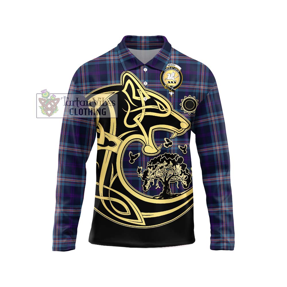 Nevoy Tartan Long Sleeve Polo Shirt with Family Crest Celtic Wolf Style Unisex - Tartan Vibes Clothing