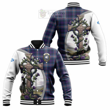 Nevoy Tartan Baseball Jacket with Family Crest and St. Andrew's Cross Accented by Thistle Vines Unisex - Tartan Vibes Clothing