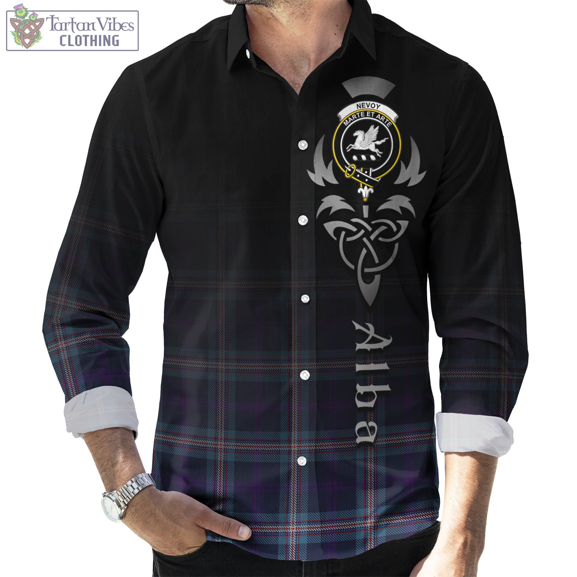 Nevoy Tartan Long Sleeve Button Up Featuring Alba Gu Brath Family Crest Celtic Inspired Men's Shirt - Tartan Vibes Clothing