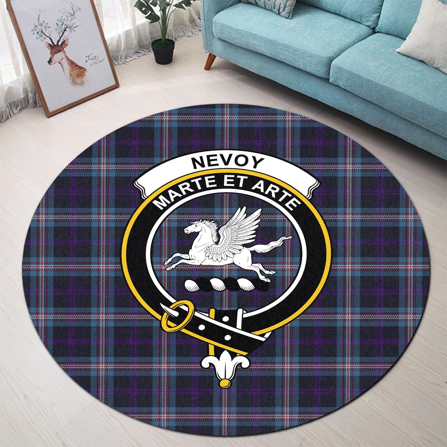 Nevoy Tartan Round Rug with Family Crest - Tartan Vibes Clothing
