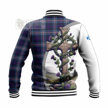 Nevoy Tartan Baseball Jacket with Family Crest and St. Andrew's Cross Accented by Thistle Vines - Tartan Vibes Clothing