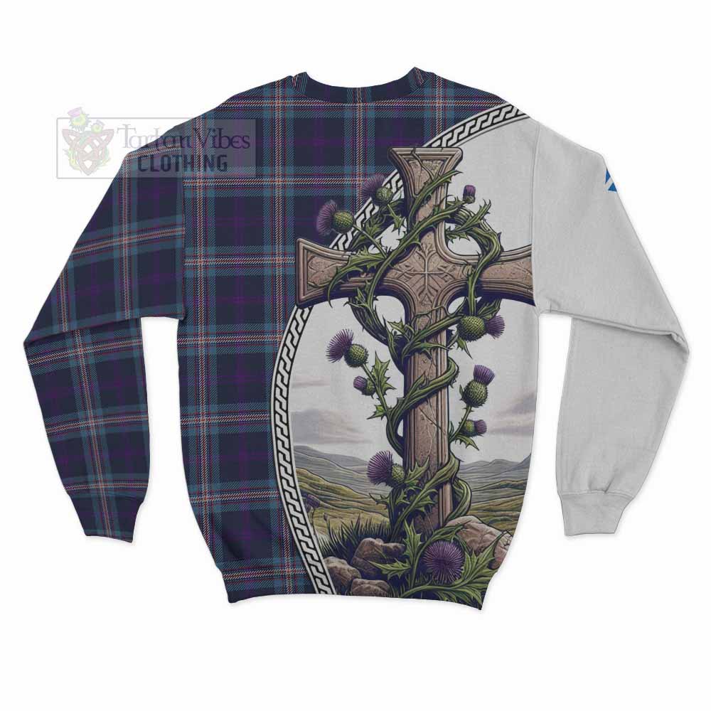 Nevoy Tartan Sweatshirt with Family Crest and St. Andrew's Cross Accented by Thistle Vines - Tartan Vibes Clothing
