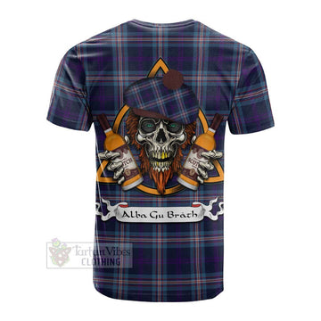 Nevoy Tartan Cotton T-shirt with Family Crest and Bearded Skull Holding Bottles of Whiskey - Tartan Vibes Clothing