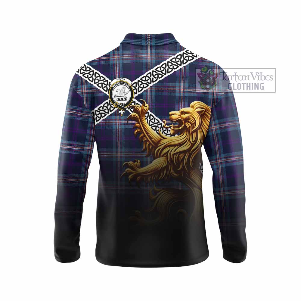 Nevoy Crest Tartan Long Sleeve Polo Shirt with Golden Lion Emblem Celtic Style - Tartan Vibes Clothing