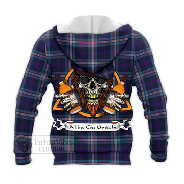 Nevoy Tartan Knitted Hoodie with Family Crest and Bearded Skull Holding Bottles of Whiskey - Tartan Vibes Clothing