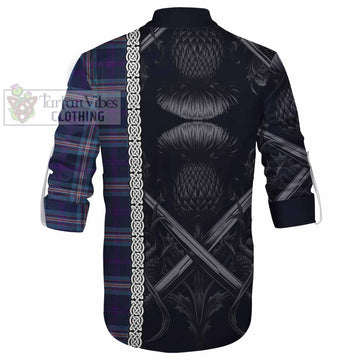 Nevoy Tartan Ghillie Kilt Shirt with Family Crest Cross Sword Thistle Celtic Vibes - Tartan Vibes Clothing