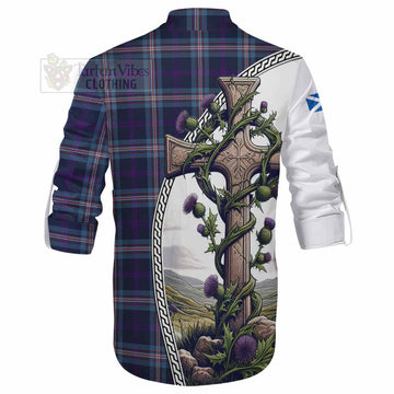 Nevoy Tartan Ghillie Kilt Shirt with Family Crest and St. Andrew's Cross Accented by Thistle Vines - Tartan Vibes Clothing