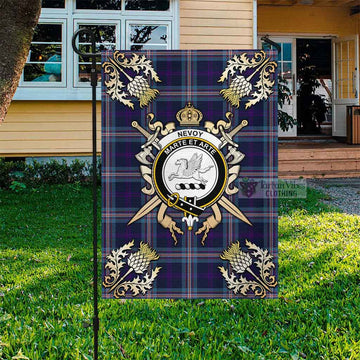 Nevoy Tartan Garden Flag with Family Crest and Golden Thistle Crossed Sword Design