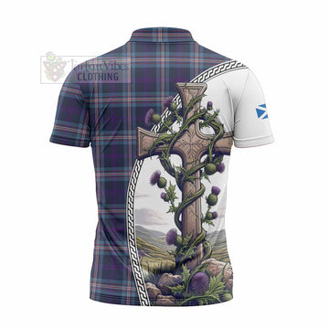 Nevoy Tartan Zipper Polo Shirt with Family Crest and St. Andrew's Cross Accented by Thistle Vines - Tartan Vibes Clothing