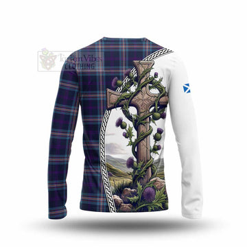 Nevoy Tartan Long Sleeve T-Shirt with Family Crest and St. Andrew's Cross Accented by Thistle Vines - Tartan Vibes Clothing