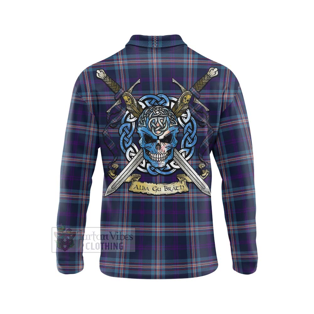 Nevoy Tartan Long Sleeve Polo Shirt with Family Crest Celtic Skull Style - Tartan Vibes Clothing