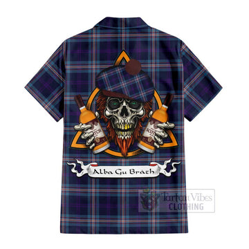 Nevoy Tartan Hawaiian Shirt with Family Crest and Bearded Skull Holding Bottles of Whiskey - Tartan Vibes Clothing
