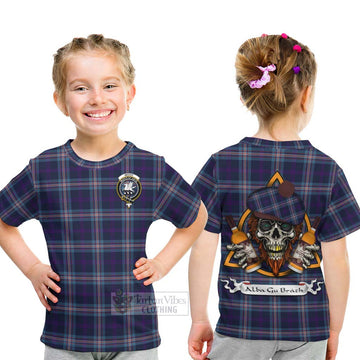Nevoy Tartan Kid T-Shirt with Family Crest and Bearded Skull Holding Bottles of Whiskey - Tartan Vibes Clothing
