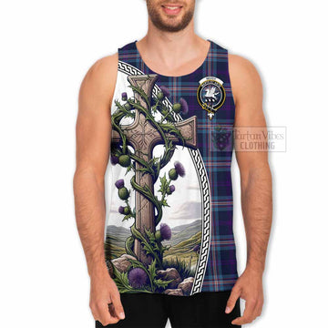 Nevoy Tartan Men's Tank Top with Family Crest and St. Andrew's Cross Accented by Thistle Vines - Tartan Vibes Clothing