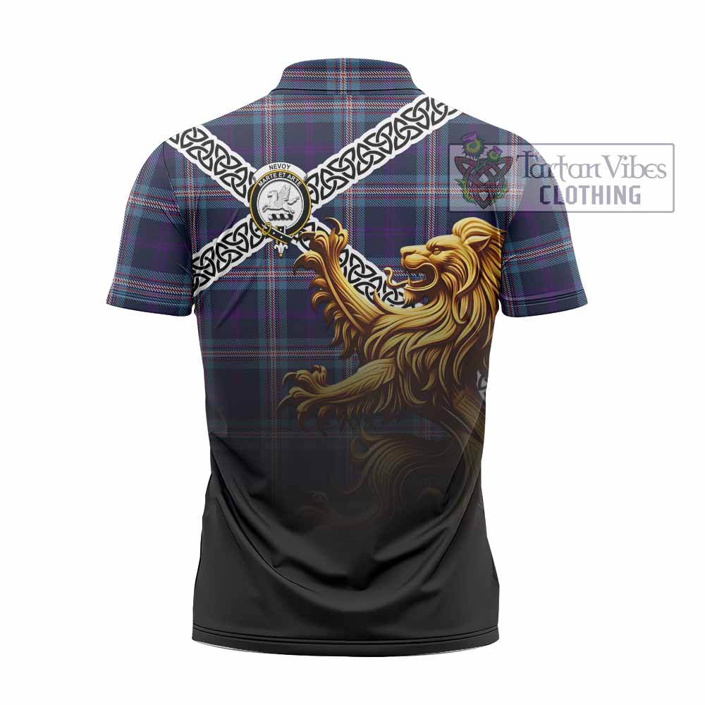 Nevoy Crest Tartan Zipper Polo Shirt with Golden Lion Emblem Celtic Style - Tartan Vibes Clothing