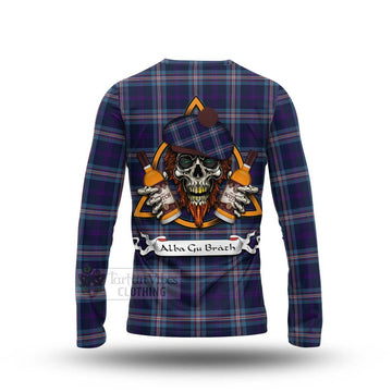 Nevoy Tartan Long Sleeve T-Shirt with Family Crest and Bearded Skull Holding Bottles of Whiskey - Tartan Vibes Clothing