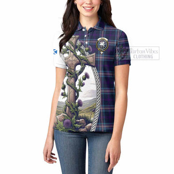 Nevoy Tartan Women's Polo Shirt with Family Crest and St. Andrew's Cross Accented by Thistle Vines - Tartan Vibes Clothing
