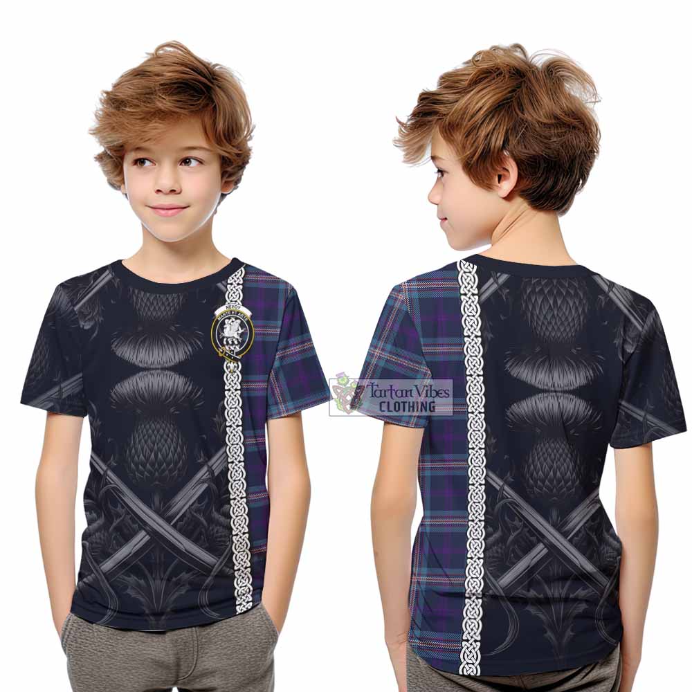 Nevoy Tartan Kid T-Shirt with Family Crest Cross Sword Thistle Celtic Vibes - Tartan Vibes Clothing