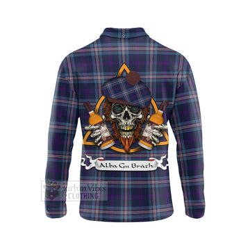 Nevoy Tartan Long Sleeve Polo Shirt with Family Crest and Bearded Skull Holding Bottles of Whiskey - Tartan Vibes Clothing