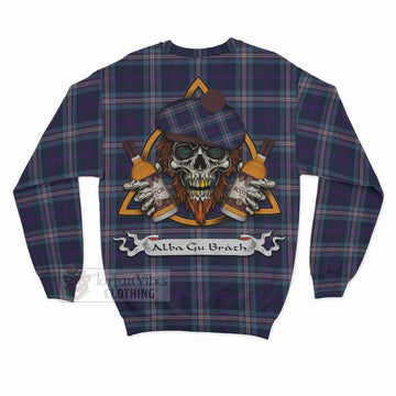 Nevoy Tartan Sweatshirt with Family Crest and Bearded Skull Holding Bottles of Whiskey - Tartan Vibes Clothing