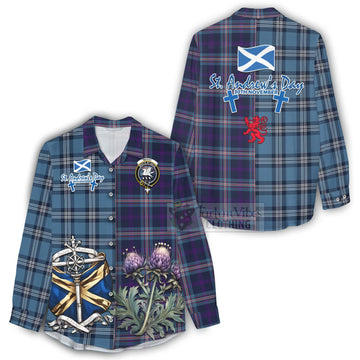 Nevoy Tartan Women's Casual Shirt Happy St. Andrew's Day Half Tartan Style - Tartan Vibes Clothing