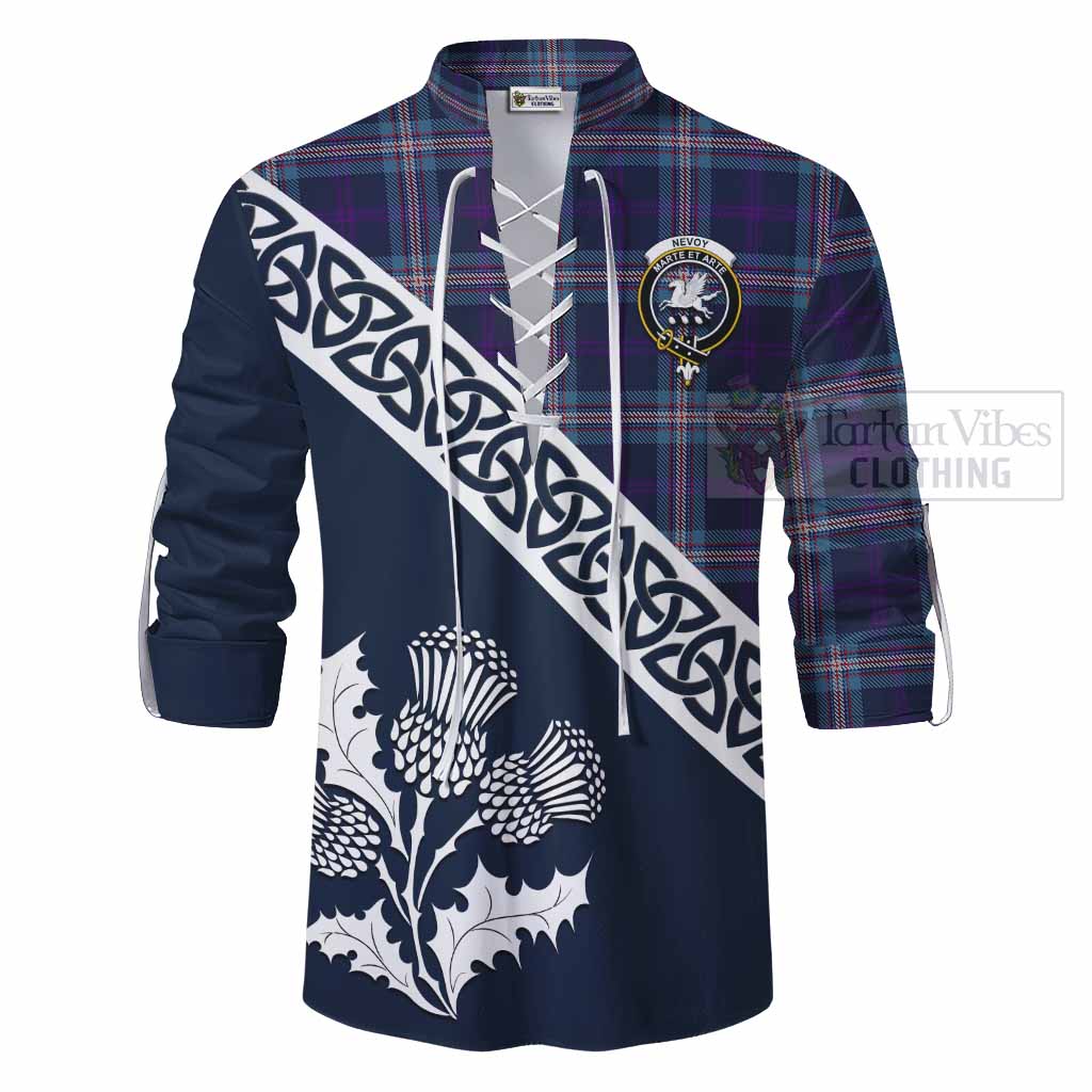 Nevoy Tartan Ghillie Kilt Shirt Featuring Thistle and Scotland Map - Tartan Vibes Clothing