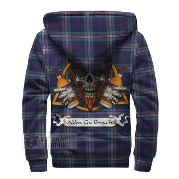 Nevoy Tartan Sherpa Hoodie with Family Crest and Bearded Skull Holding Bottles of Whiskey - Tartan Vibes Clothing