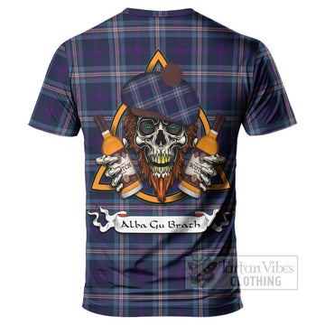 Nevoy Tartan T-Shirt with Family Crest and Bearded Skull Holding Bottles of Whiskey - Tartan Vibes Clothing