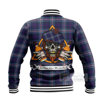 Nevoy Tartan Baseball Jacket with Family Crest and Bearded Skull Holding Bottles of Whiskey - Tartan Vibes Clothing