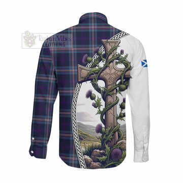 Nevoy Tartan Long Sleeve Button Shirt with Family Crest and St. Andrew's Cross Accented by Thistle Vines Men's Shirt - Tartan Vibes Clothing