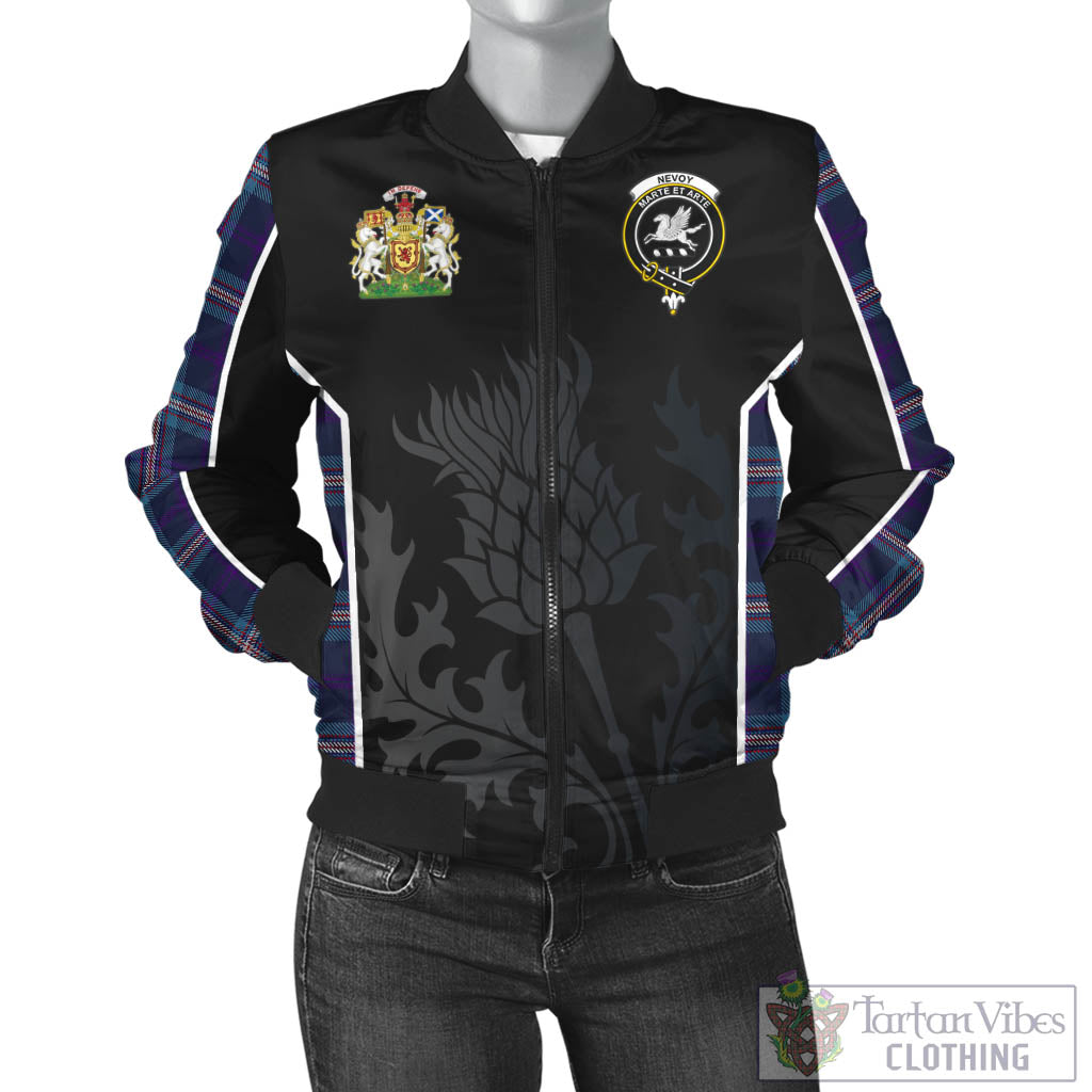 Nevoy Tartan Bomber Jacket with Family Crest and Scottish Thistle Vibes Sport Style - Tartan Vibes Clothing