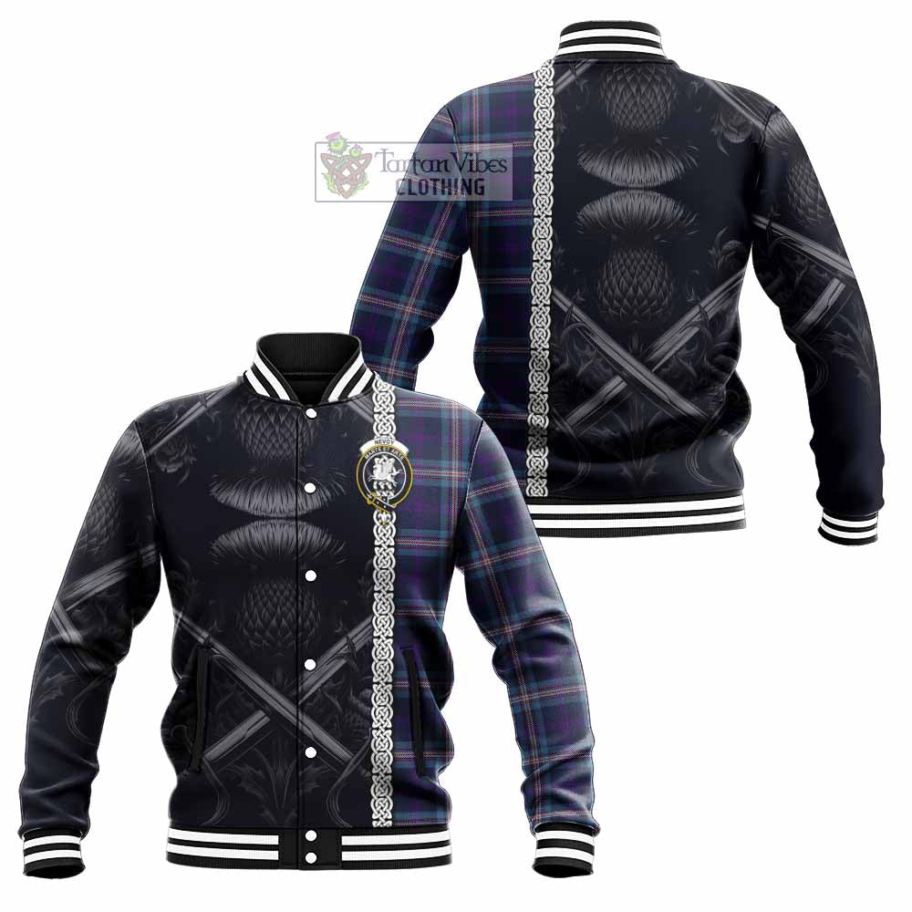 Nevoy Tartan Baseball Jacket with Family Crest Cross Sword Thistle Celtic Vibes - Tartan Vibes Clothing