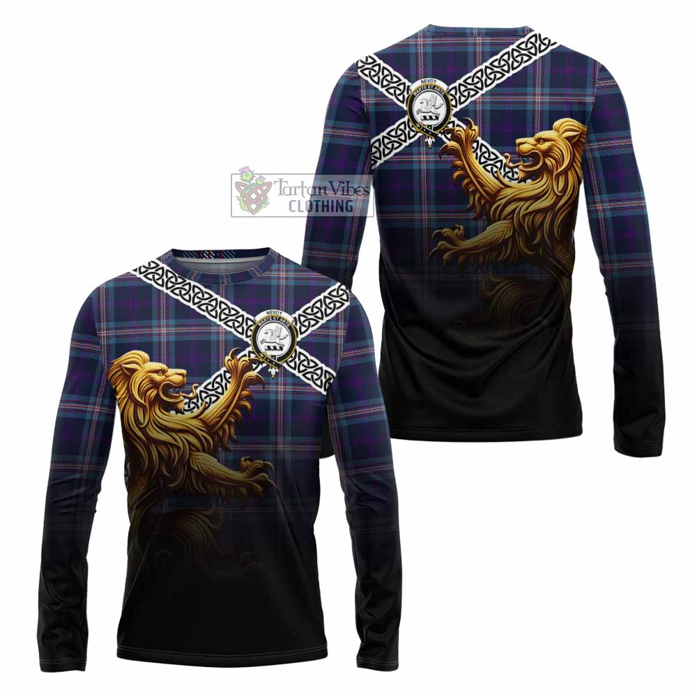Nevoy Crest Tartan Long Sleeve T-Shirt with Golden Lion Emblem Celtic Style - Tartan Vibes Clothing